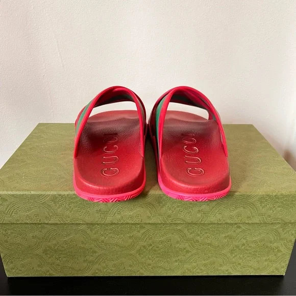 Gucci Women’s Criss Cross Red and Green Slide Sandals 39 - Picture 3 of 10